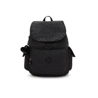 【KIPLING】經典黑菱格紋印花拉鍊掀蓋後背包-CITY PACK
