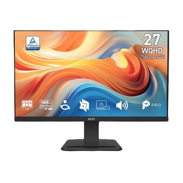 MSI微星 PRO MP273Q 是一款27吋IPS面板螢幕，支援2560 x 1440解析度與144Hz更新頻率，反應時間僅1ms，提供流暢畫面與高色彩準確度。內建HDR支援與護眼功能，適合看片、追劇及辦公使用。具備HDMI與DisplayPort(DP)雙介面，VESA壁掛設計，重量4.5kg，外觀尺寸688 x 128 x 451 mm，提供三年保固，是高CP值的顯示器選擇。