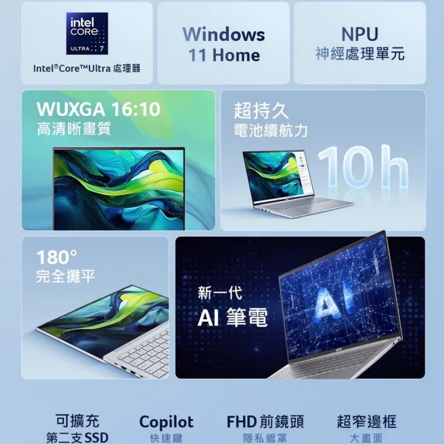【Acer】羅技滑鼠組★16吋Ultra 5 極輕薄AI筆電(Swift Lite/SFL16-51M-5184/Ultra 5-115U/16G/512G/W11)