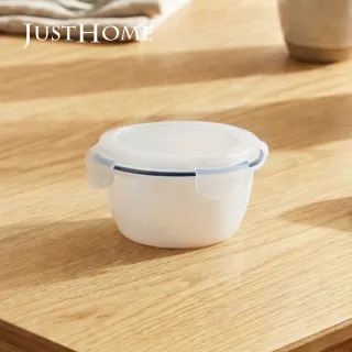 【Just Home】簡約純白藍邊陶瓷附蓋保鮮碗440ml(可微波 碗 飯碗 湯碗 點心碗)