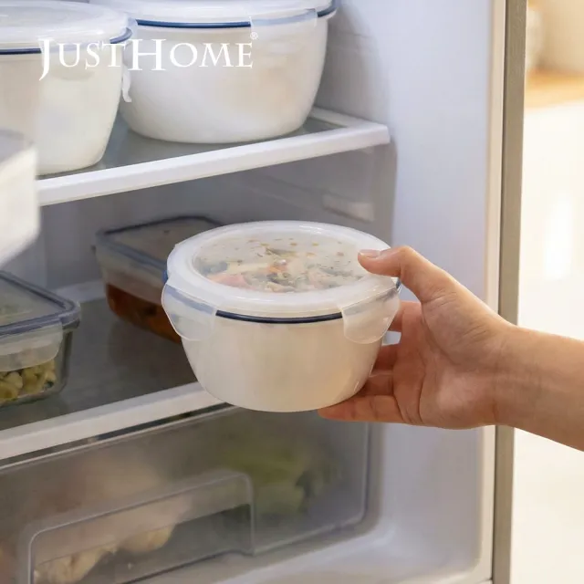 【Just Home】簡約純白藍邊陶瓷附蓋保鮮碗440ml(可微波 碗 飯碗 湯碗 點心碗)