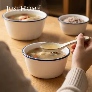 【Just Home】簡約純白藍邊陶瓷附蓋保鮮碗620ml(可微波 碗 飯碗 湯碗 點心碗)
