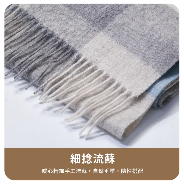 【pierre cardin 皮爾卡登】100%純綿羊毛格紋時尚高級感外搭保暖圍巾-灰藍格(26F11-92)