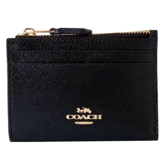 【COACH】金屬logo防刮皮革拉鍊卡夾/零錢鑰匙包(黑色)