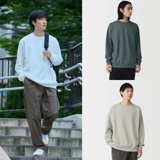 【MUJI 無印良品】男抗UV速乾鬆餅紋圓領長袖T恤(柔白/黑色/淺灰/暗藍/墨灰/煙燻藍)