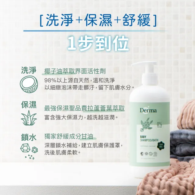 【Derma 丹麥德瑪】寶寶有機水嫩洗髮沐浴露家庭號 500ml*3入組(嬰幼兒/不流淚配方/三合一)
