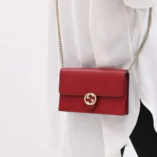 【GUCCI 古馳】WOC 品牌金屬雙G LOGO三用肩斜鍊包晚宴包(紅)
