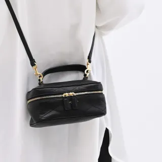 【YSL】經典燙金LOGO菱格紋小牛皮迷你手提小包兩用包(黑)