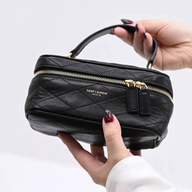 【YSL】經典燙金LOGO菱格紋小牛皮迷你手提小包兩用包(黑)