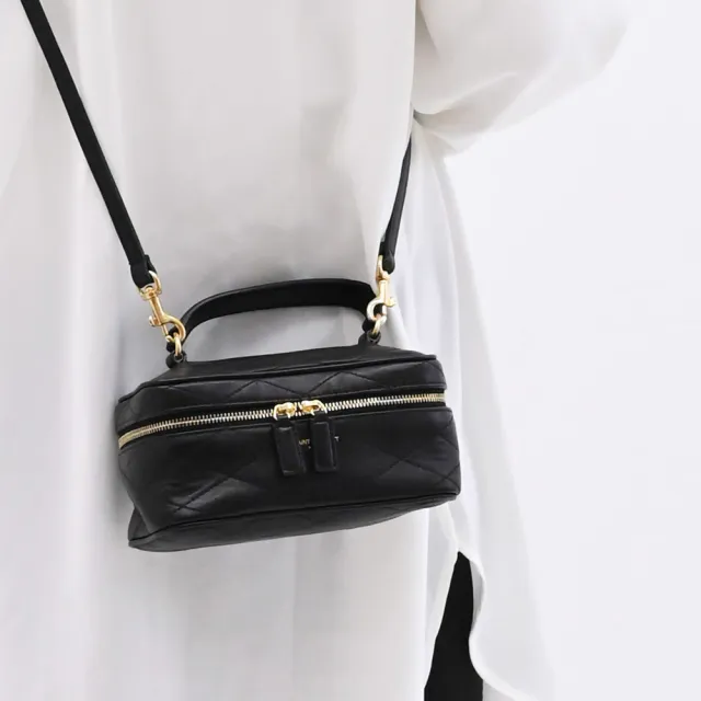 【YSL】經典燙金LOGO菱格紋小牛皮迷你手提小包兩用包(黑)