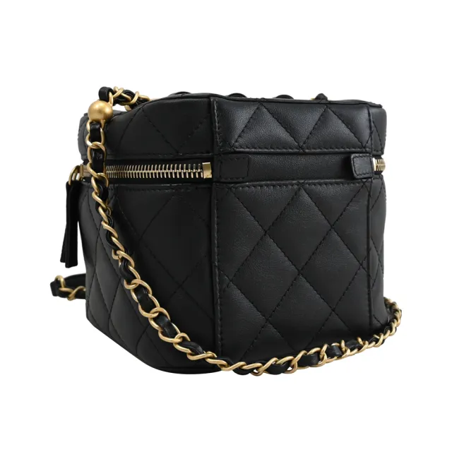 【CHANEL 香奈兒】經典雙C LOGO菱格紋牛皮肩斜三用復古包鍊包(黑/金)