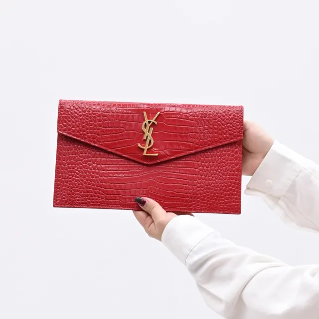 【YSL】金屬LOGO鱷魚紋小牛皮信封造型大手拿包晚宴包(紅 大款)