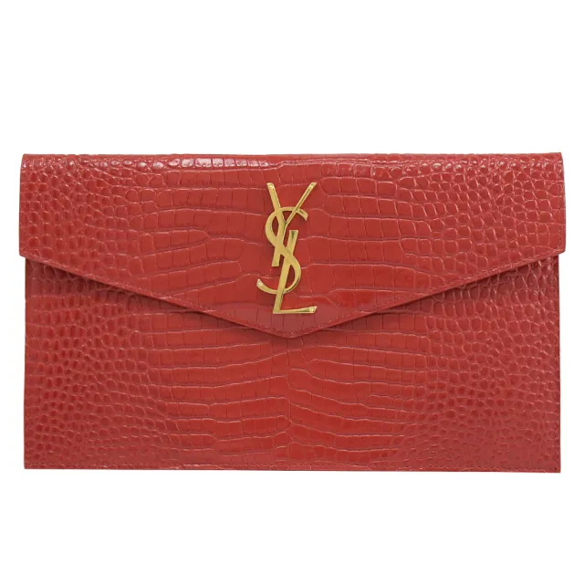 【YSL】金屬LOGO鱷魚紋小牛皮信封造型大手拿包晚宴包(紅 大款)