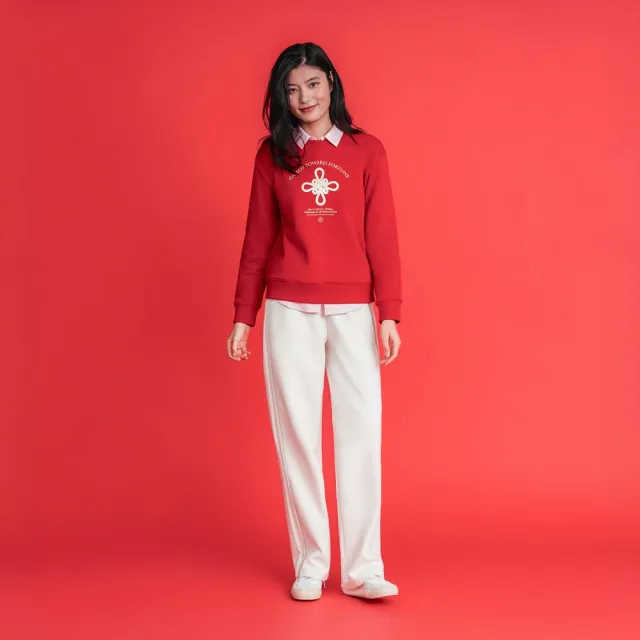 【GIORDANO 佐丹奴】女裝寬鬆圓領印花大學T(39 高貴紅)