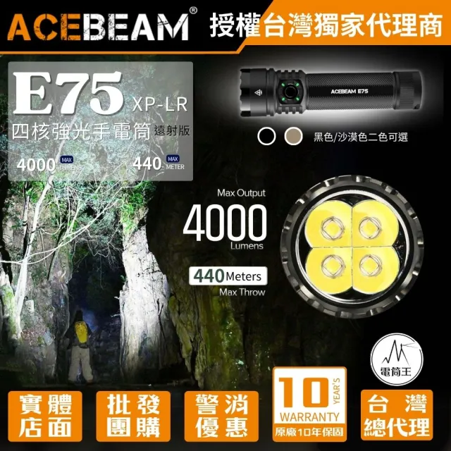【ACEBEAM】電筒王 E75 XP-LR (遠射版) 4000流明 440米 高亮LED手電筒 USB-C 底部磁吸