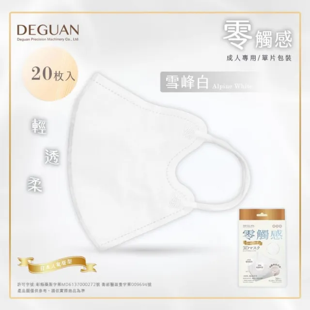【Deguan】3D立體成人零觸感口罩X1盒(20枚入/盒 輕柔透氣 無鼻樑 單片獨立包)