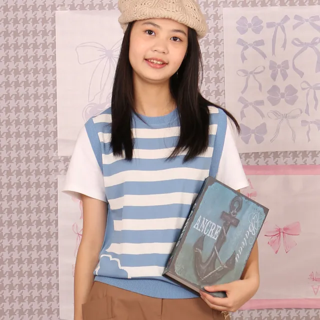 【Kinloch Anderson】百可愛熊頭少女風條紋顯瘦針織短袖上衣(KA1179026 灰藍)