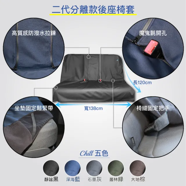 【Authentics】Chill防水機能汽車椅套｜分離款後座保護墊—台灣製、抗菌除臭、適用64分離、中央扶手、汽座