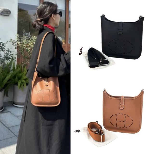 【Hermes 愛馬仕】Evelyne 23cm H LOGO牛皮布款背帶斜/肩背包(多色選)