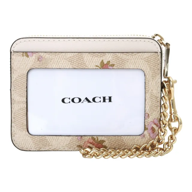 【COACH】小碎花皮革直式方盒鍊帶卡夾零錢包(卡其x白)