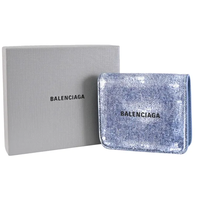 【Balenciaga 巴黎世家】經典LOGO丹寧紋Nappa皮扣式零錢中短夾(藍)