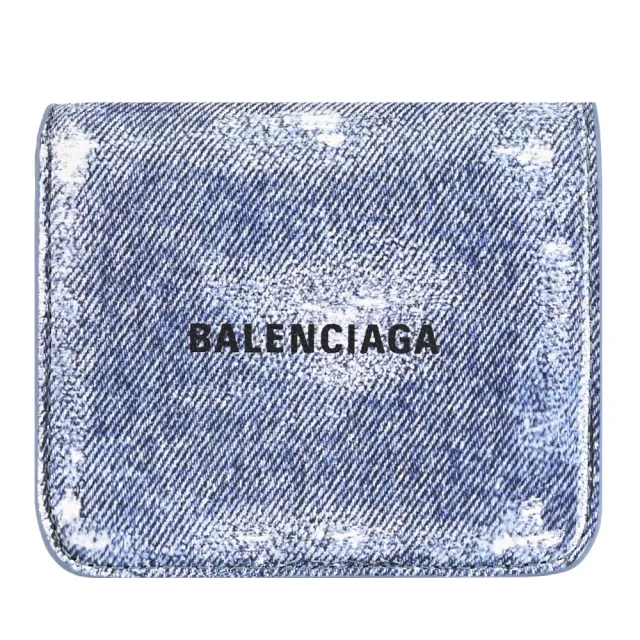【Balenciaga 巴黎世家】經典LOGO丹寧紋Nappa皮扣式零錢中短夾(藍)