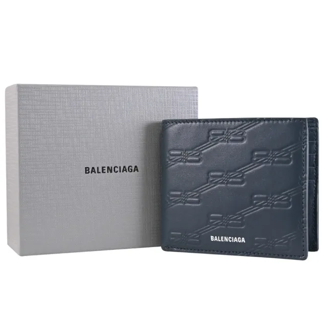 【Balenciaga 巴黎世家】經典雙B LOGO牛皮壓紋雙層對折8卡短夾(風暴藍)