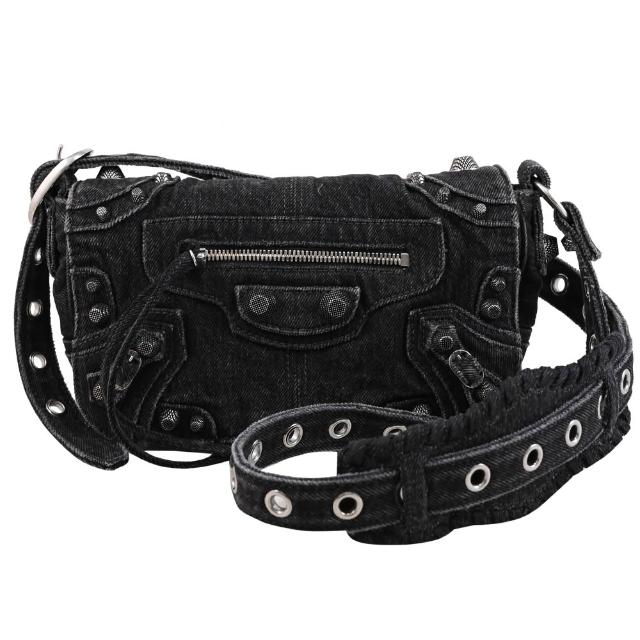 【Balenciaga 巴黎世家】Le Cagole XS 經典鉚釘水洗丹寧翻蓋斜背包(黑)