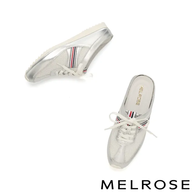 【MELROSE】美樂斯 率性舒適紅藍織帶異材質綁帶厚底休閒穆勒拖鞋(銀)