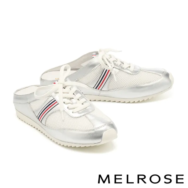 【MELROSE】美樂斯 率性舒適紅藍織帶異材質綁帶厚底休閒穆勒拖鞋(銀)