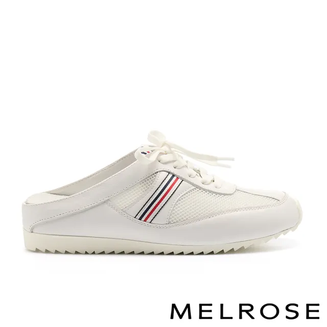 【MELROSE】美樂斯 率性舒適紅藍織帶異材質綁帶厚底休閒穆勒拖鞋(白)