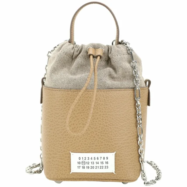 【MM6 MAISON MARGIELA】5AC 小款 粒面牛皮帆布束口水桶包-卡其色 法國精品