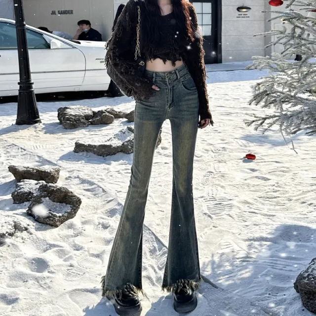 【AS 梨卡】女裝 牛仔 長褲 流蘇喇叭長褲 設計感復古高腰牛仔 寬鬆拖地褲 牛仔長褲 GA381