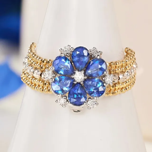 海斯珠寶 1克拉天然藍寶石 18K金鑽石戒指 梨形切割 經典六瓣花朵 唯美風格 萬能扣設計 一款多用