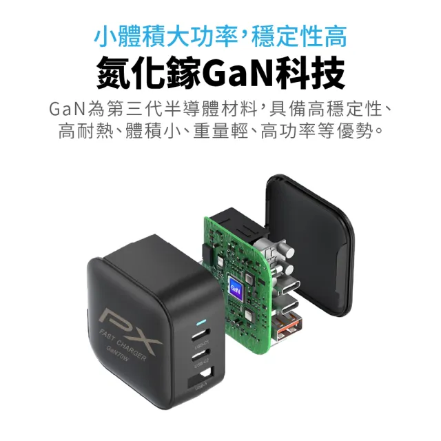 【PX 大通】送充電線iphone17/16三星70w瓦氮化鎵充電器筆電快充頭Type C充電頭65w瓦(PWC-7012BW/ACC2-1W)
