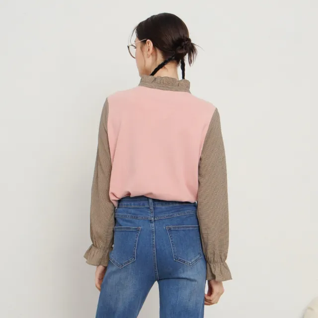 【MASTINA】拼格荷葉綁帶長袖上衣 粉 咖(魅力濕品)