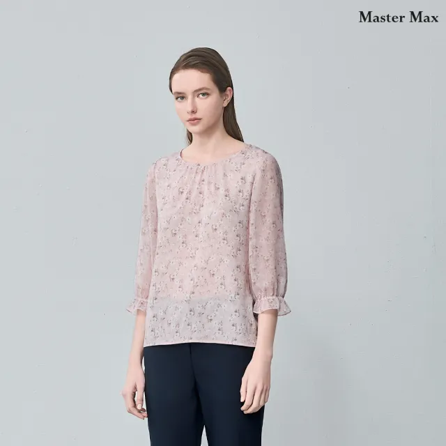 【Master Max】領口抓褶荷葉袖口舒適雪紡花上衣(8614002)