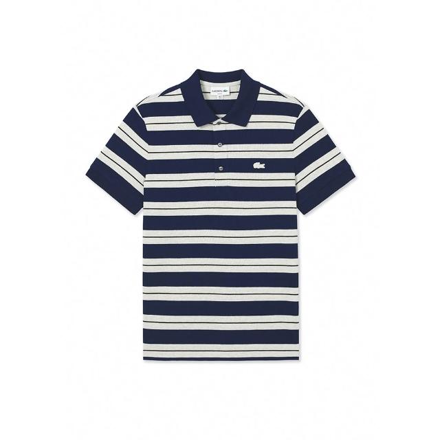 【LACOSTE】男裝-經典橫條紋短袖Polo衫(海軍藍/白色)
