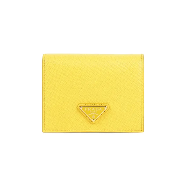 【PRADA 普拉達】琺瑯三角牌Logo 防刮皮革二折零錢袋短夾(太陽黃)
