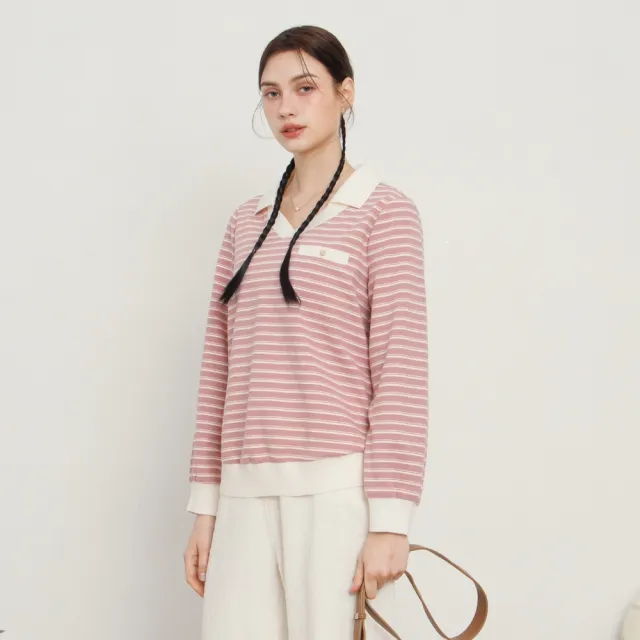 【MASTINA】POLO V領圈圈紗條紋長袖T 黑 粉(魅力商品)