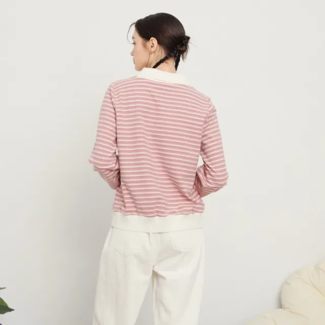 【MASTINA】POLO V領圈圈紗條紋長袖T 黑 粉(魅力商品)