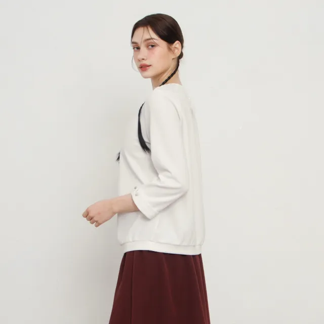 【MASTINA】領蕾絲珍珠釦長袖上衣 黑 白(魅力商品)