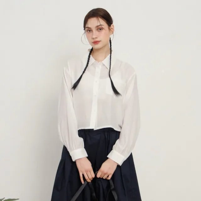 【MASTINA】短版邊抽繩綁帶透視感上衣 白 紫(魅力商品)