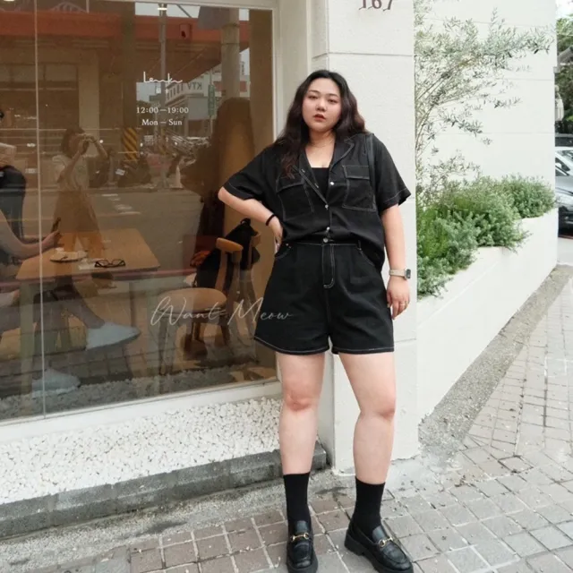 【Want-Meow】90公斤可穿/簡約不無聊/黑色短褲穿出韓系感/顯瘦明線黑色短褲中大尺碼短褲(大尺碼/大碼/下著)