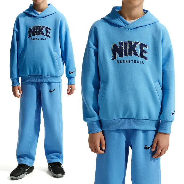 【NIKE 耐吉】K NK Cob Flc Po Hoodie Glitch 大童 藍色 帽T 刷毛 長袖 HV0508-412