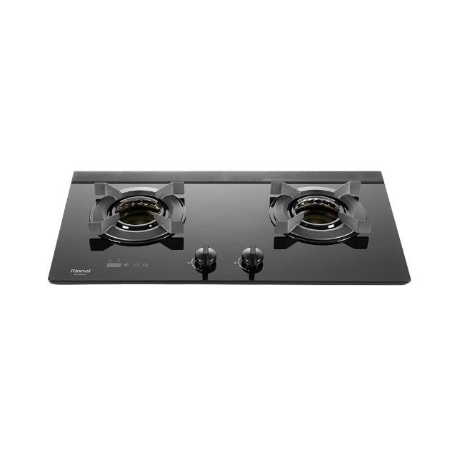 Rinnai 林內牌 RB-N2621G 雙口內焰瓦斯爐，採用耐熱強化玻璃爐臺與電子連續點火系統，機體尺寸 755×145×415 mm，瓦斯消耗量 7~8kW，能源效率第一級。產地中國，BSMI 許可字號 R41095，提供 1 年保固與標準安裝，適合現代廚房使用，高效耐用，安全點火，提升烹飪效率。