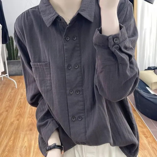 【Pure 衣櫃】復古百搭雙排扣棉麻襯衫上衣(百搭/棉麻襯衫/雙排扣/復古/KDTQ-339)