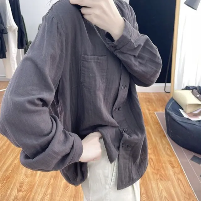 【Pure 衣櫃】復古百搭雙排扣棉麻襯衫上衣(百搭/棉麻襯衫/雙排扣/復古/KDTQ-339)