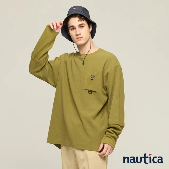 【NAUTICA】官方旗艦 City Boy系列 男裝 華夫格假兩件機能口袋長袖T恤(綠色)