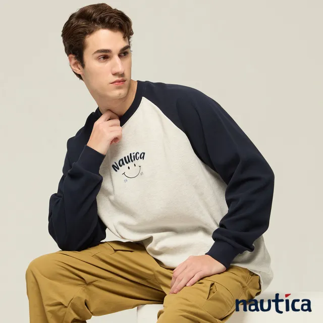 【NAUTICA】官方旗艦 City Boy系列 男裝 華夫格復古笑臉拼色長袖T恤(深藍色)